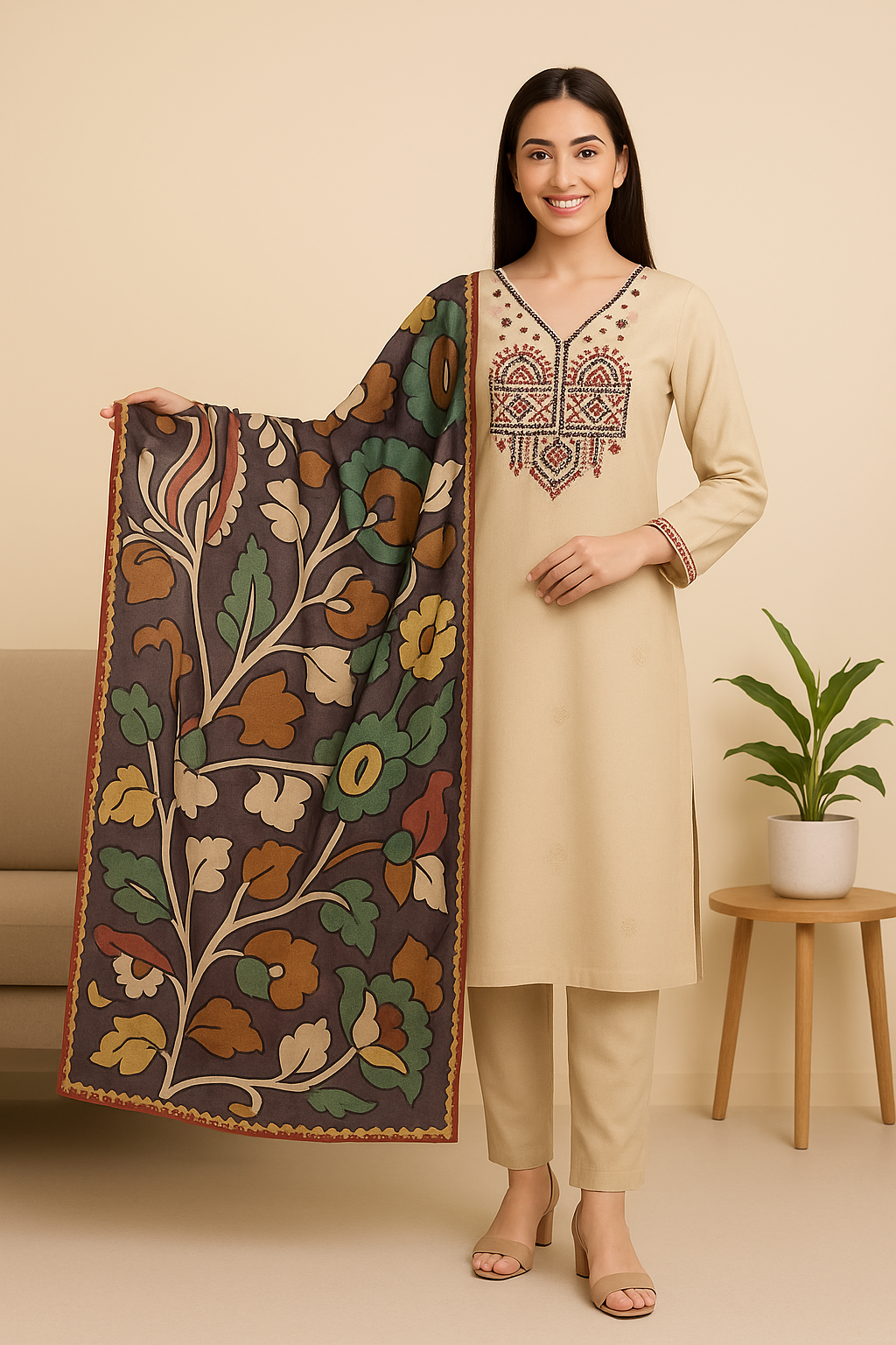 Elegant Kalamkari Embroidered Cotton Kurta Set - AZZLIAS WARDROBE
